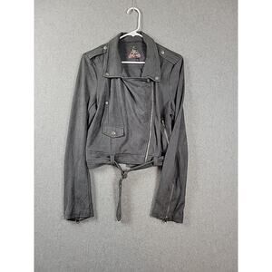 S8 Signature Gray Faux Suede LS Zip Up Belted Moto Jacket Women's Large Pockets